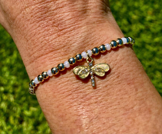 Dragonfly Charm Bracelet: 14K Gold Filled Beaded Bracelet with  Pearl Czech Glass and Center Charm.