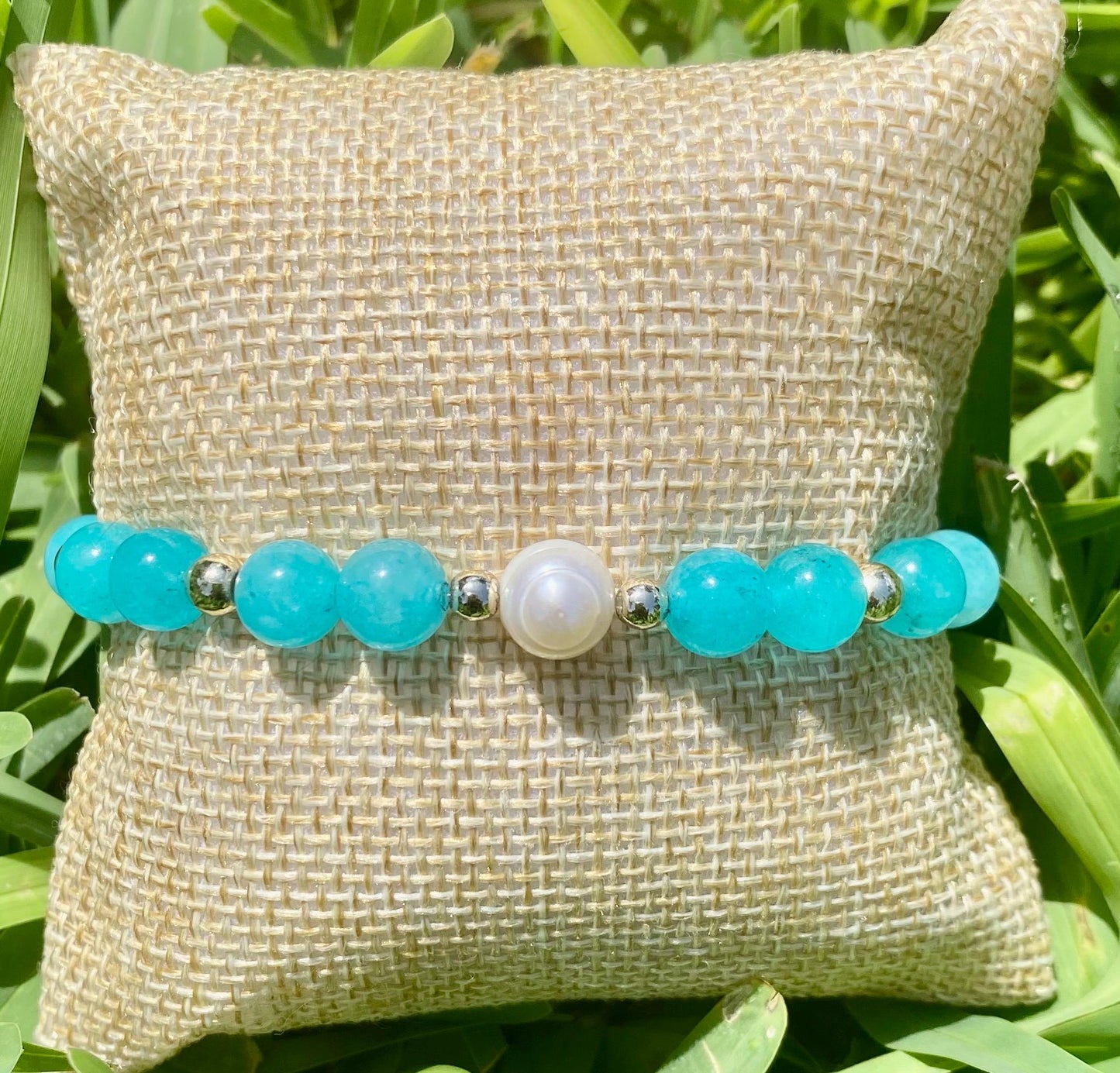 Blue Aquamarine Quartz Beaded Bracelet: Japanese Pearl & 14k Gold Filled accent beads.
