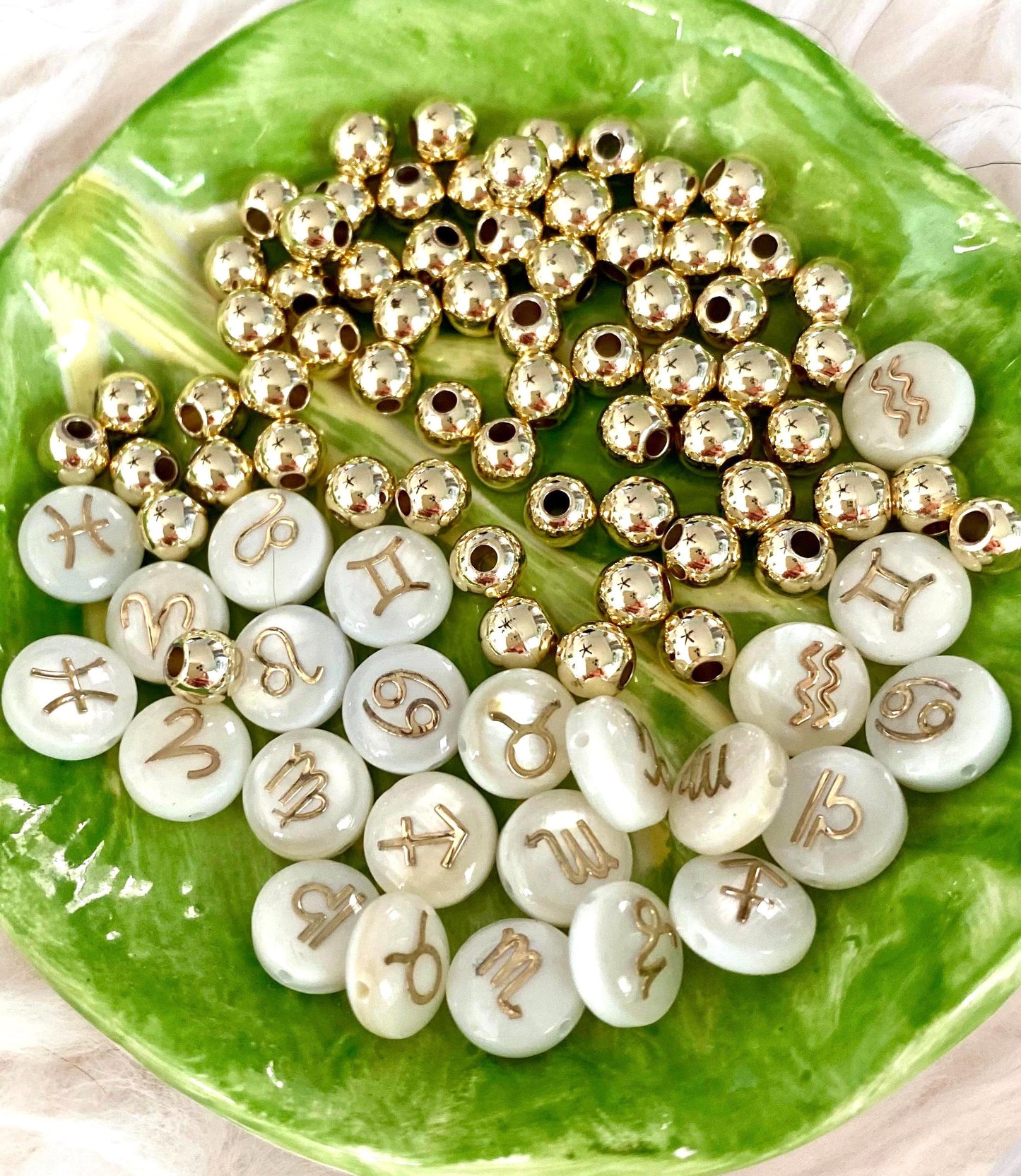 Zodiac Sign Bracelet: 14k Gold Filled Beads, Shell Center Astrological Sign.