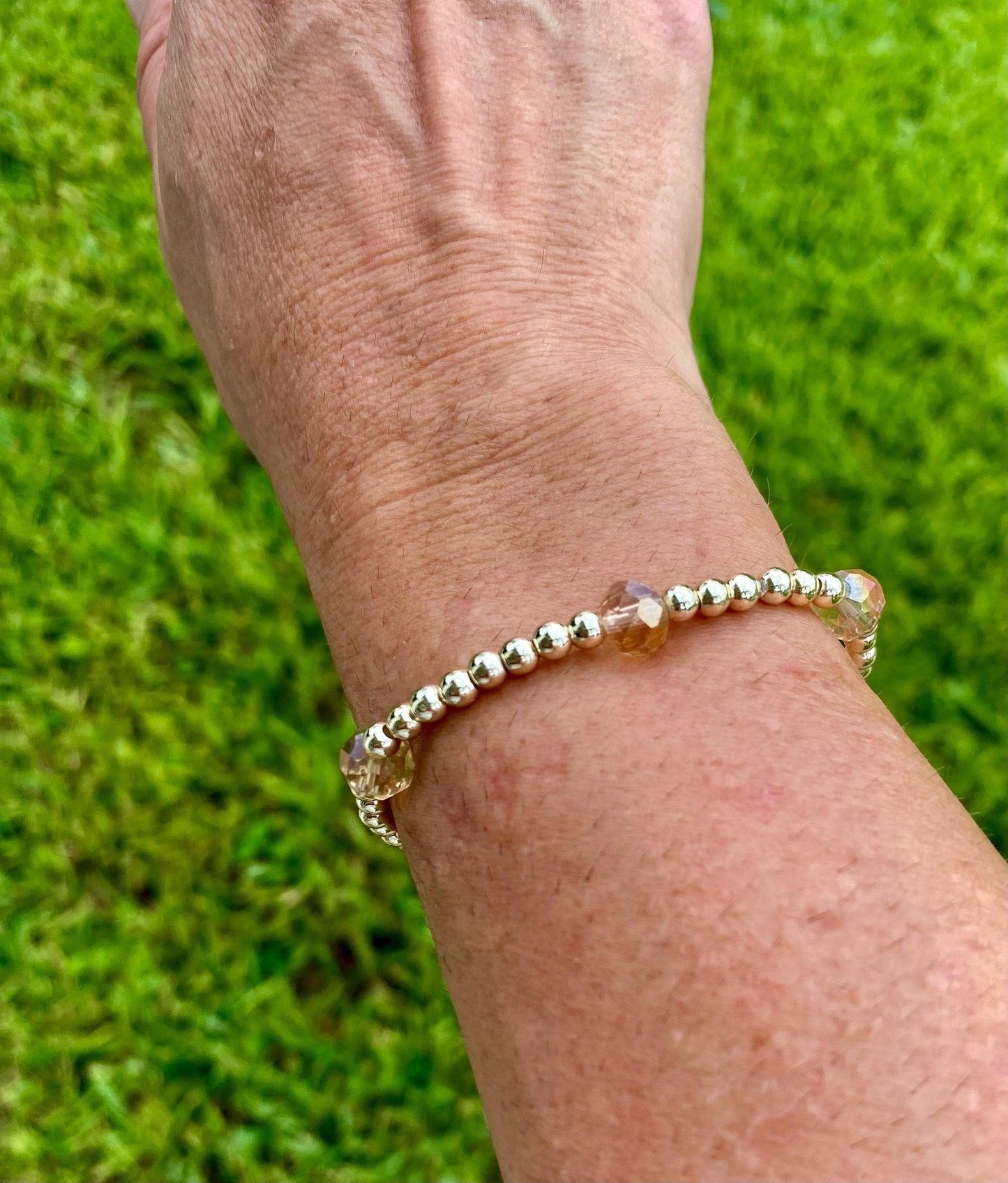 Beige Crystal Briolette Beaded Bracelet: 14K Gold Accents, Clover/Cross Charm