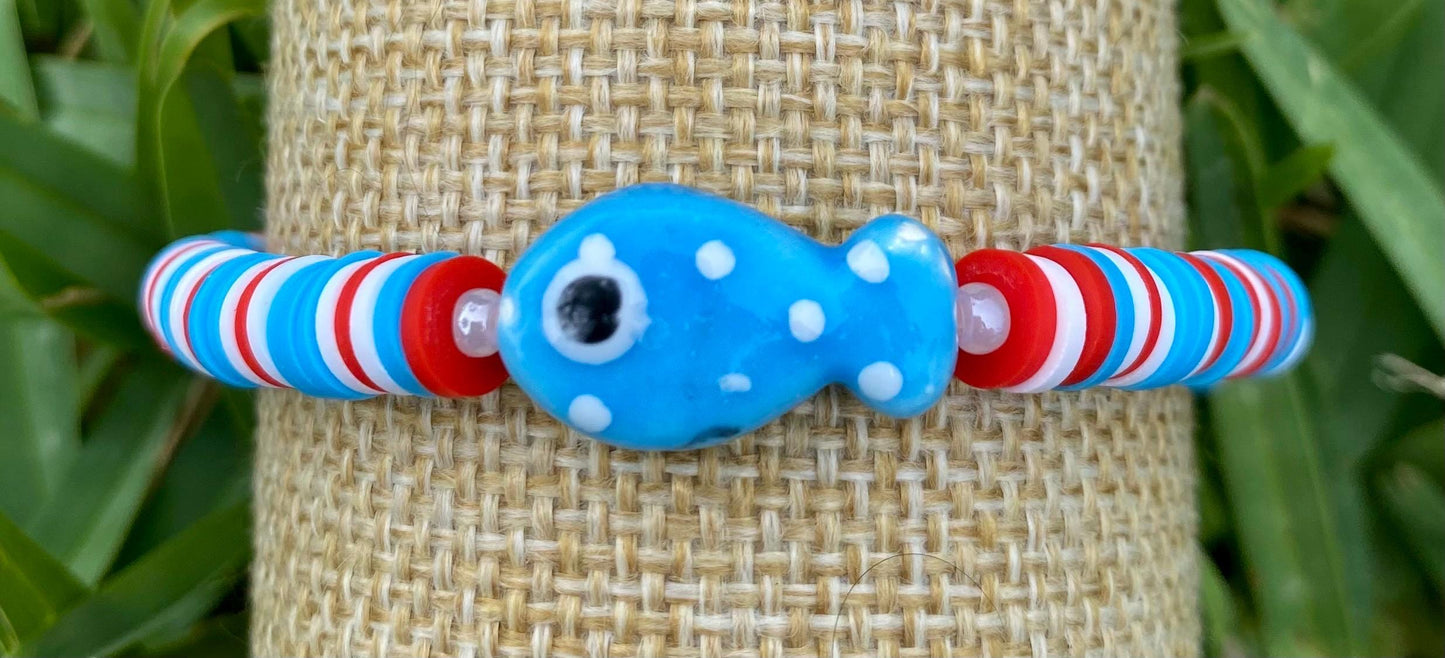 Red White Blue Beaded Bracelet Stack, Ceramic Fish & USA Flag Bracelet