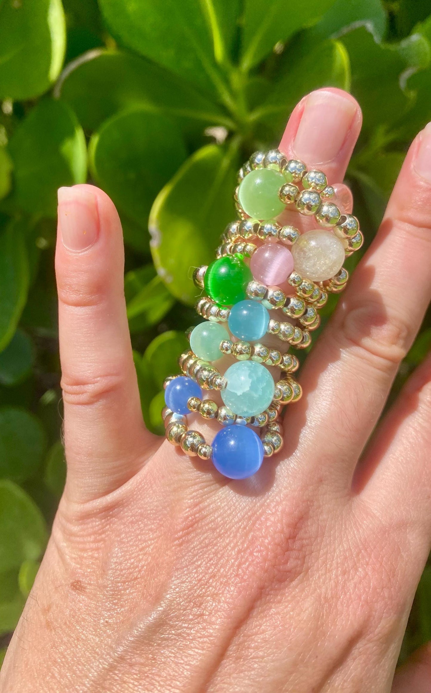 14k Gold Filled Beaded Gemstone Ring: Non Tarnish, Unique Charms and Gemstones.