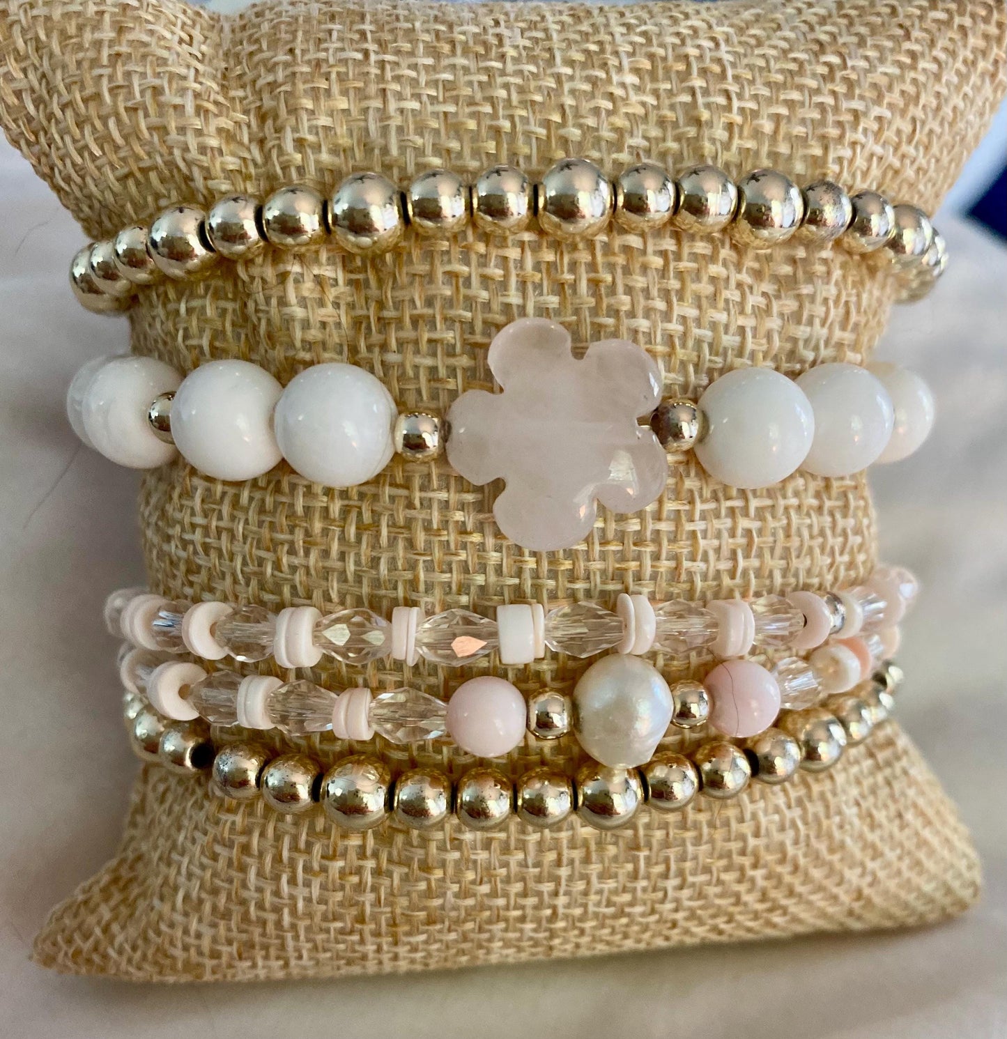 Rose Quartz Flower Charm Bracelet: 14k Gold & White Shell Beads.