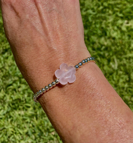 14K Gold Filled Beaded Bracelet. Center Pink, Rose Quartz Charm.