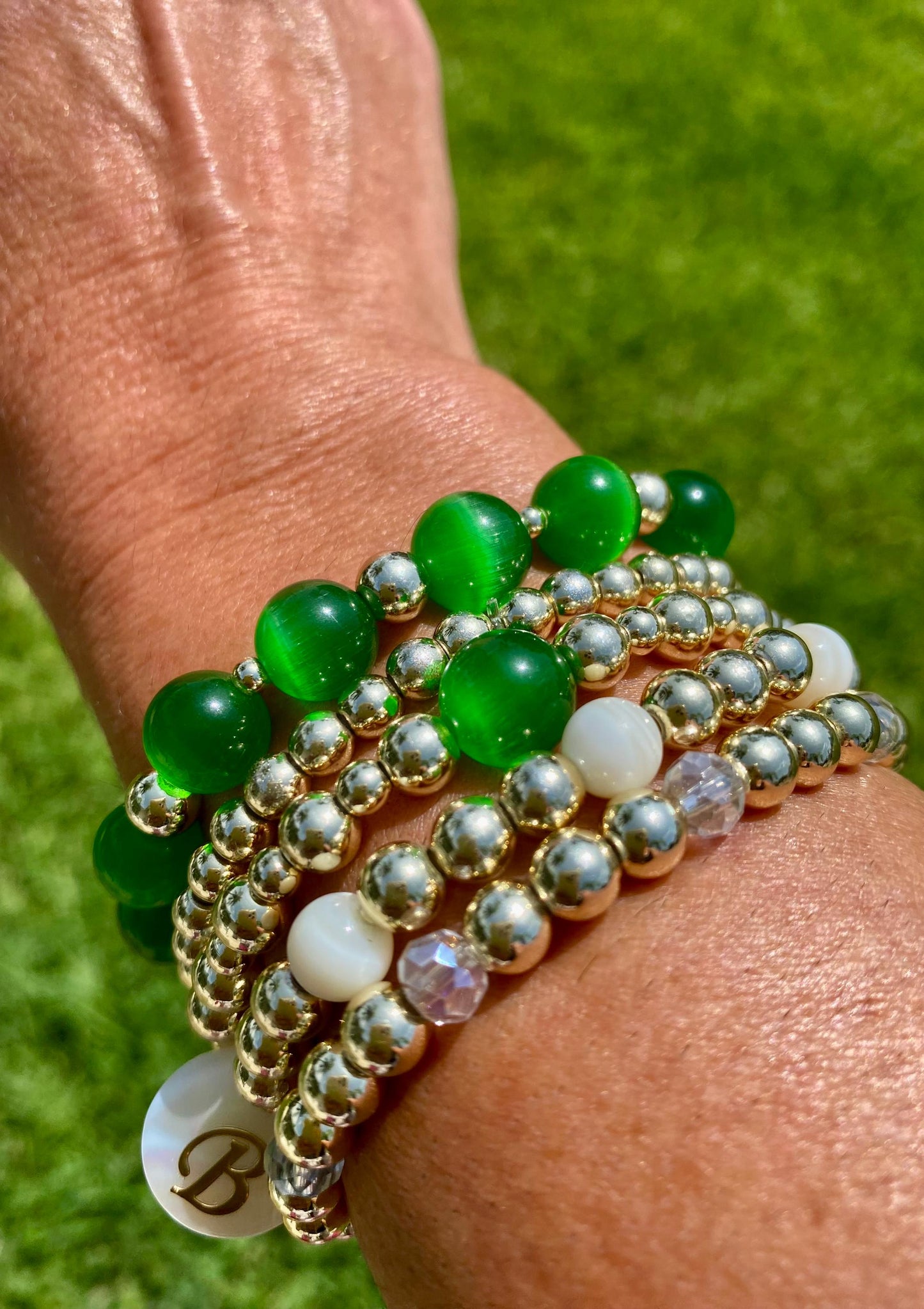 Green Emerald Gemstone Beaded Bracelet: 14K Gold Filled. Set of 2.