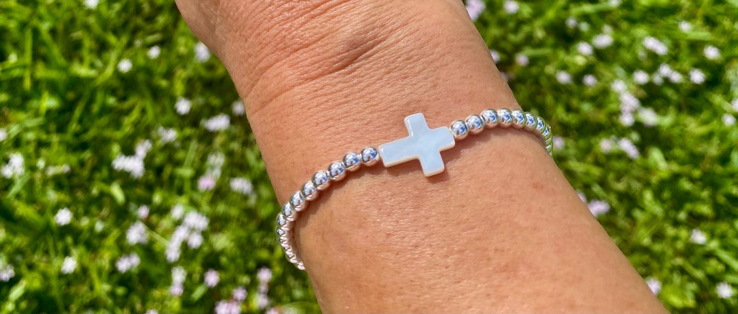 14K Gold Filled & Silver Plated Stacking Bracelets. Center Mother of Pearl Cross.
