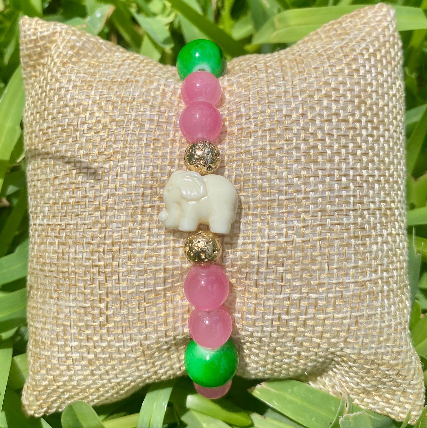 Pink & Green Beaded Bracelet: Center Enamel Elephant Charm, Tropical and Preppy.