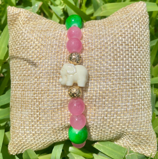 Pink & Green Beaded Bracelet: Center Enamel Elephant Charm, Tropical and Preppy.
