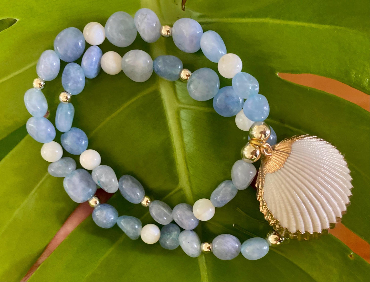 Blue Aquamarine Beaded Necklace: Gold Scallop Shell Charm, 14k Gold Filled accent Beads.