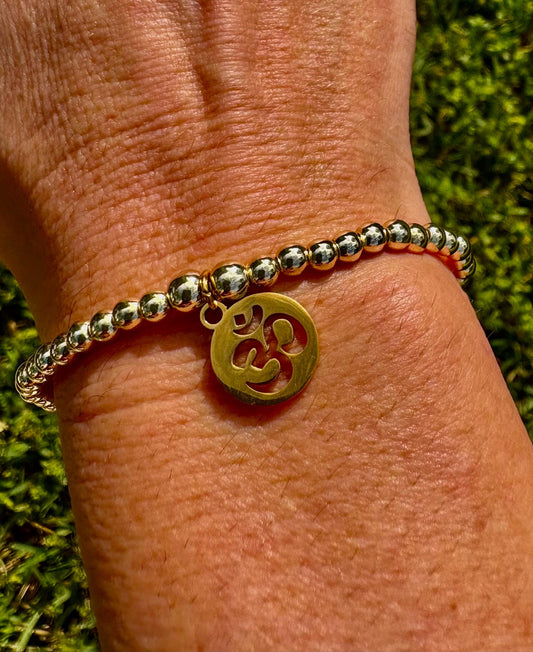 14k Gold Filled Beaded Bracelet with Dainty OM Charm - Stacking Jewelry