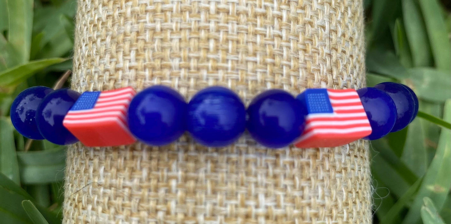 Red White Blue Beaded Bracelet Stack, Ceramic Fish & USA Flag Bracelet