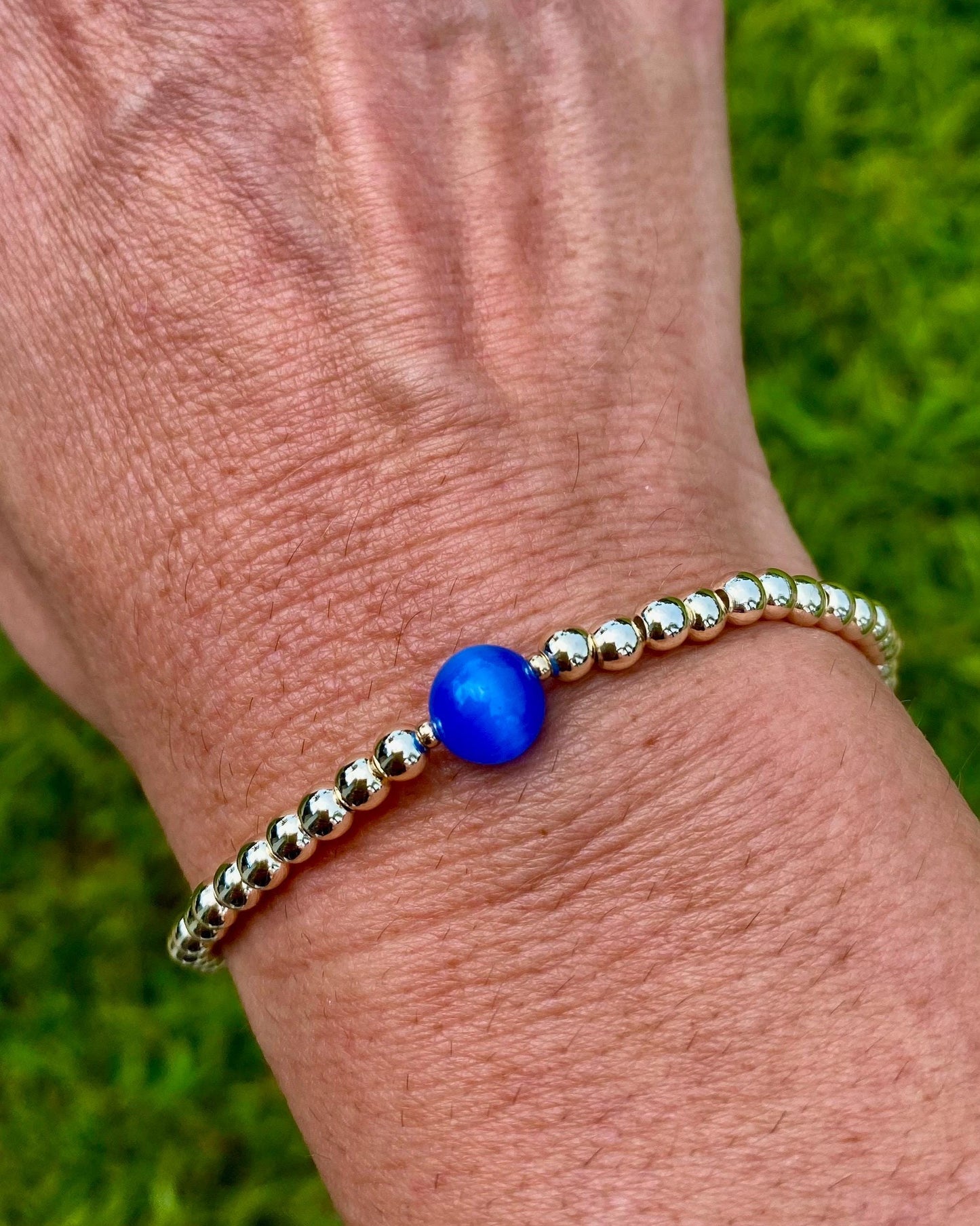 Blue Sapphire Gemstone Beaded Bracelet: 14K Gold Filled, Glass Clover Charms.