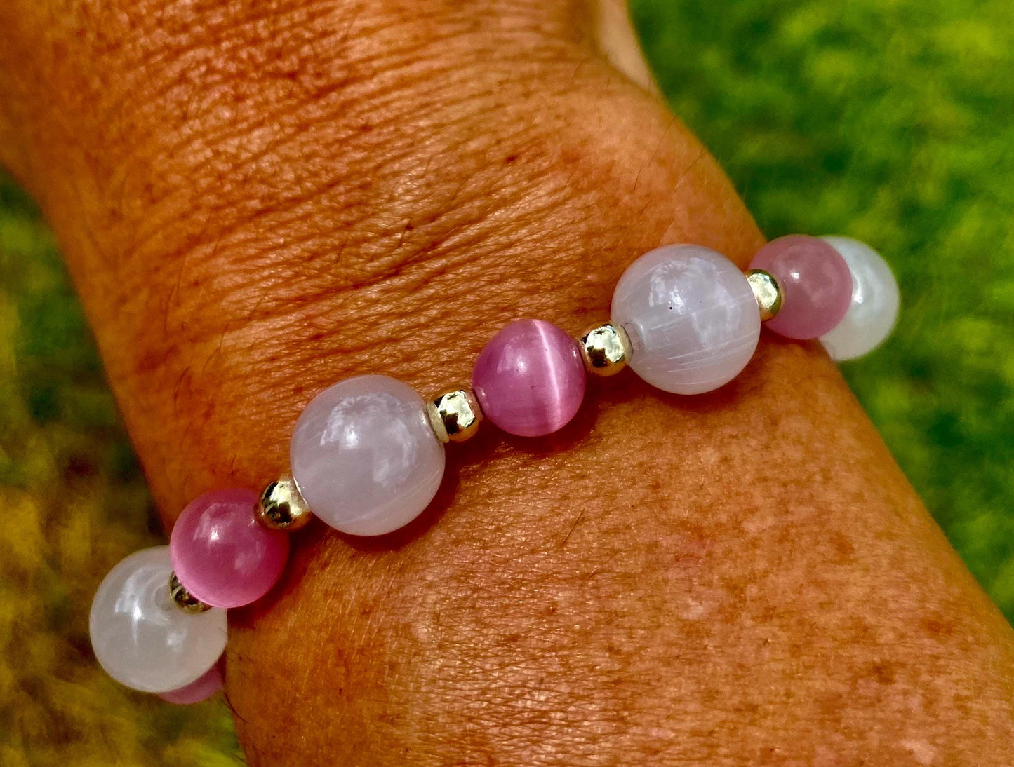 Pink Rose Quartz Bracelet: Beaded Gemstone with 14k Gold Filled Accent Beads.