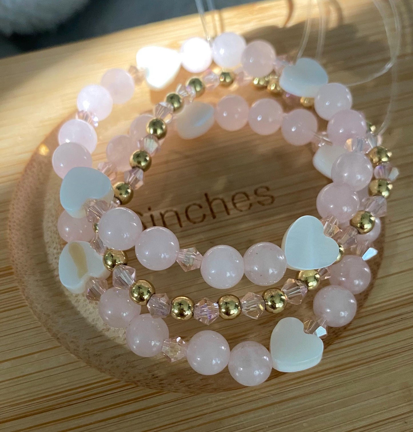 Pink and 14k Gold Beaded Bracelet Set: 6mm Rose Quartz, 6mm Shell Heart Charms.