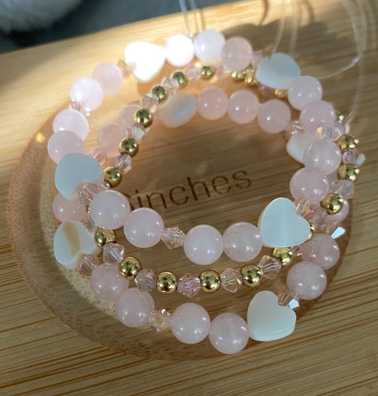 Pink and 14k Gold Beaded Bracelet Set: 6mm Rose Quartz, 6mm Shell Heart Charms.