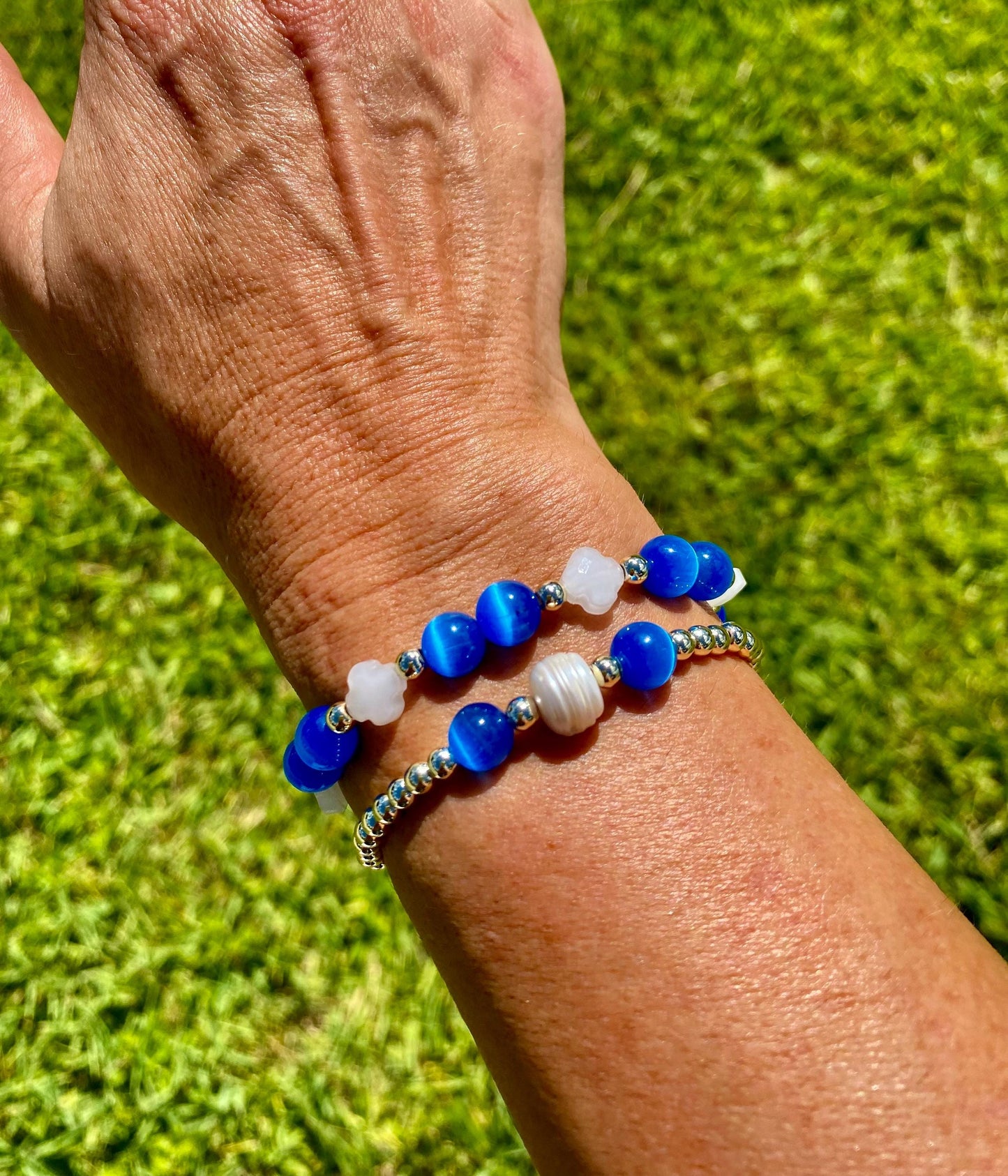 Blue Sapphire Cat's Eye Beaded Bracelet, 14K Gold Filled Beads, Pearl Charm.