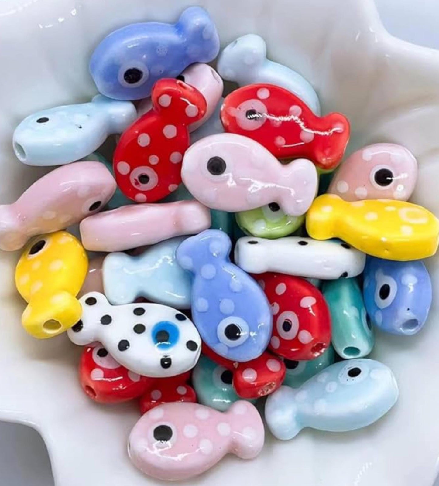 Ceramic Fish Charm Bracelet: 14K Gold Filled Beads, Colorful Beach Jewelry.