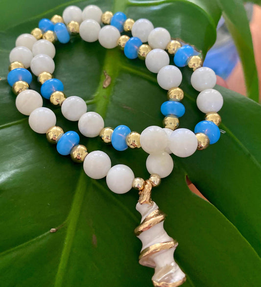 Elegant Sea Shell Pendant Necklace: White Round, Sky Blue Rondelle Beads, 14K Gold Accents.