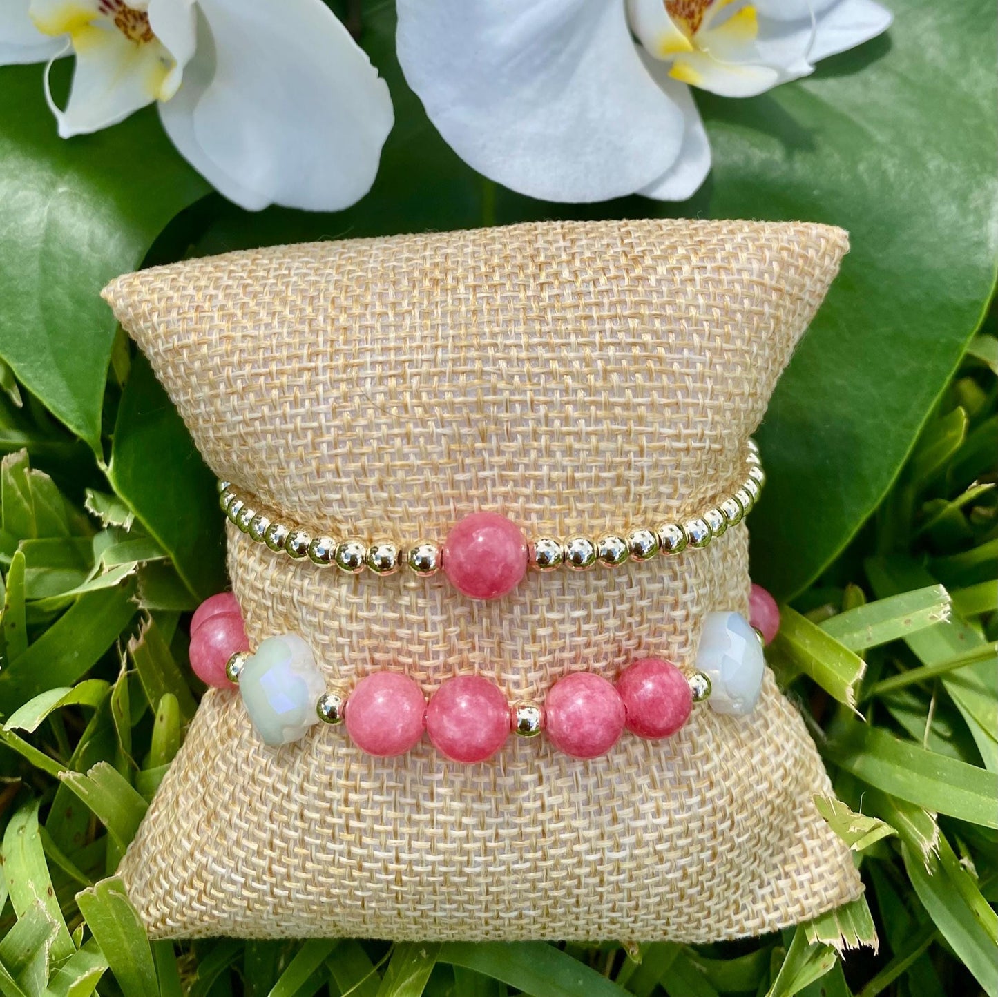 Pink Raspberry Jade Beaded Bracelet with Gold Filled Accents & Glass Clover Charms.
