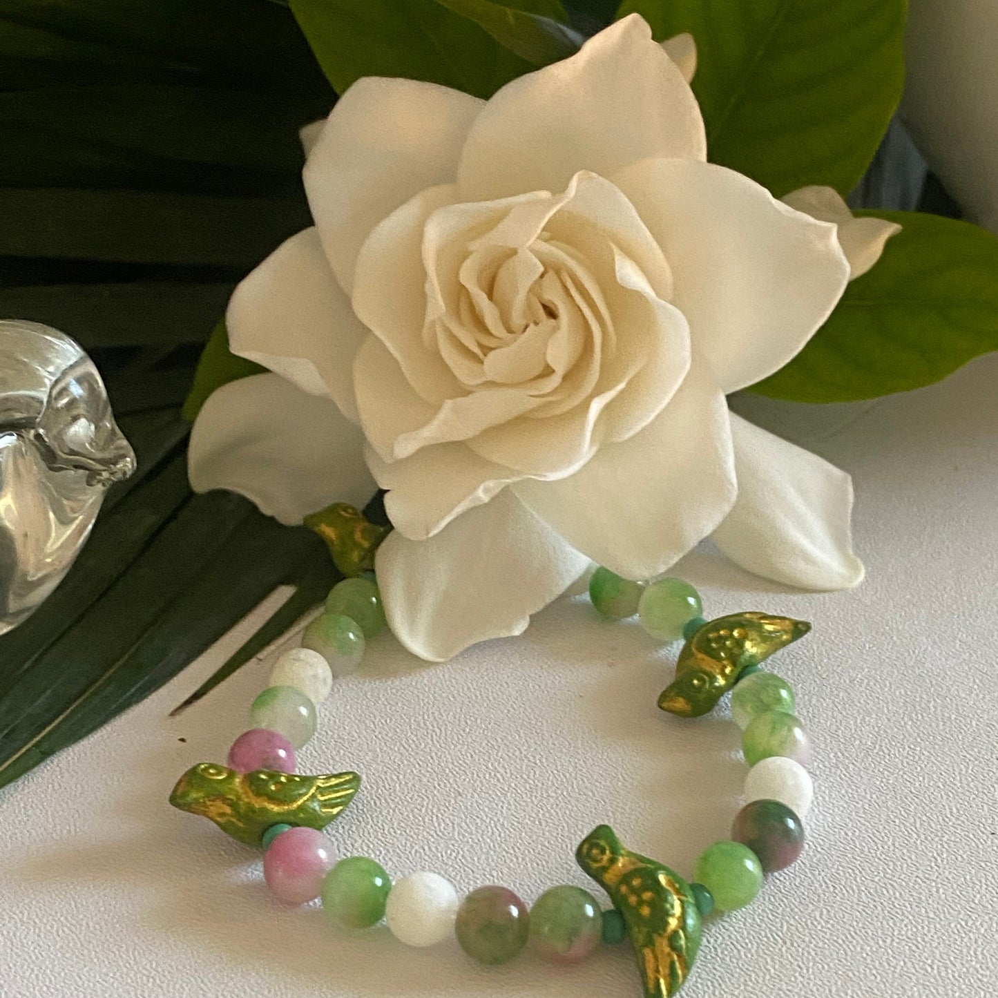 Pink Parakeet Friendship Bracelet: Pink & Green Glass Beads, Ceramic Green & Gold Birds.