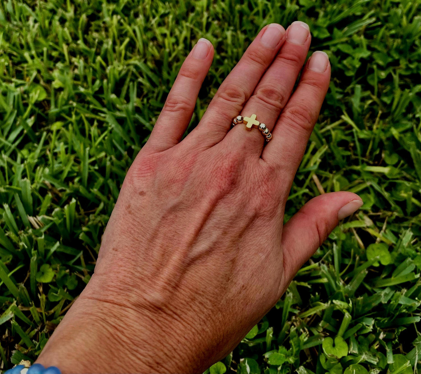 18K Gold Cross Ring: Dainty Stacking 14K Gold Filled Beads.