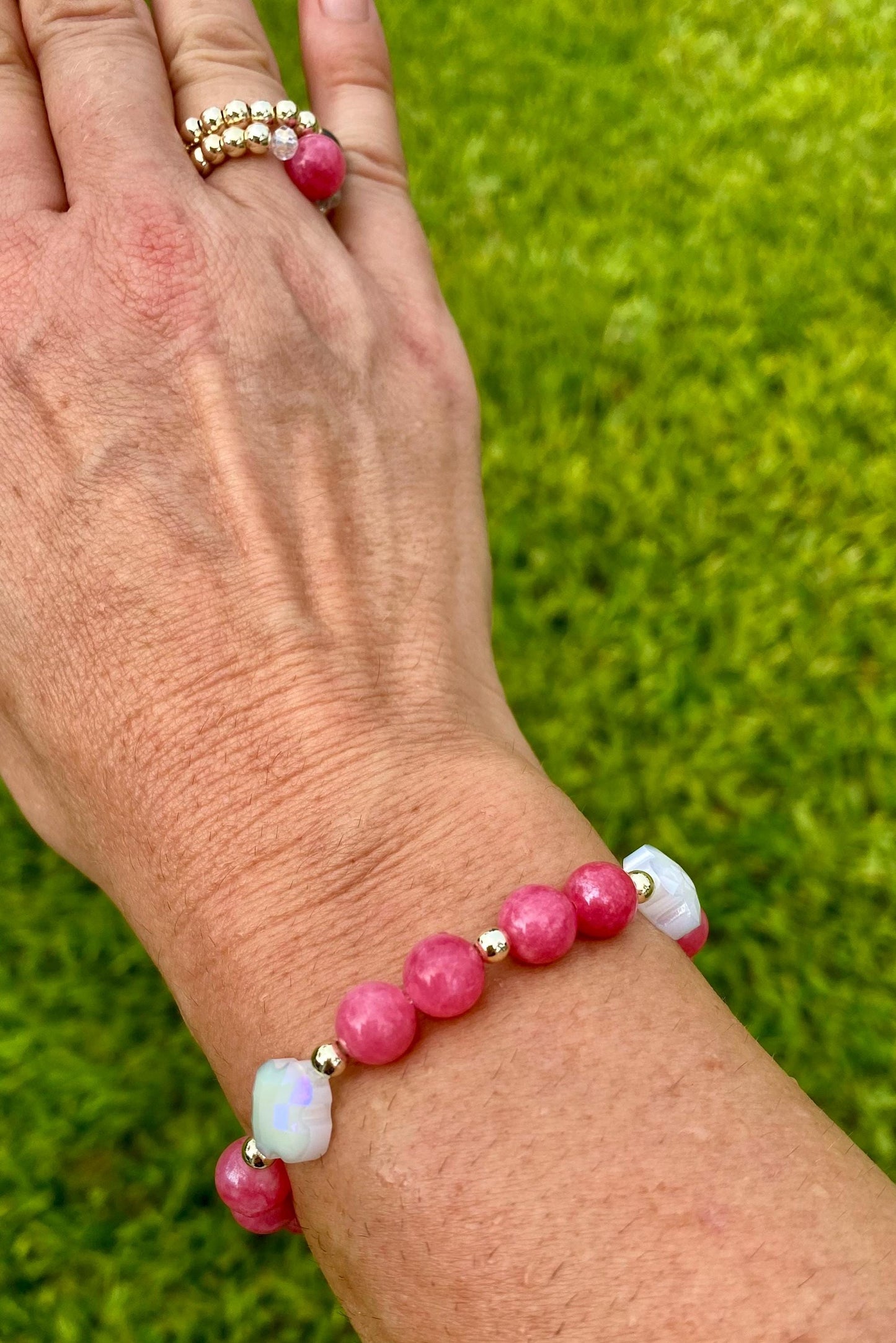Pink Raspberry Jade Beaded Bracelet with Gold Filled Accents & Glass Clover Charms.