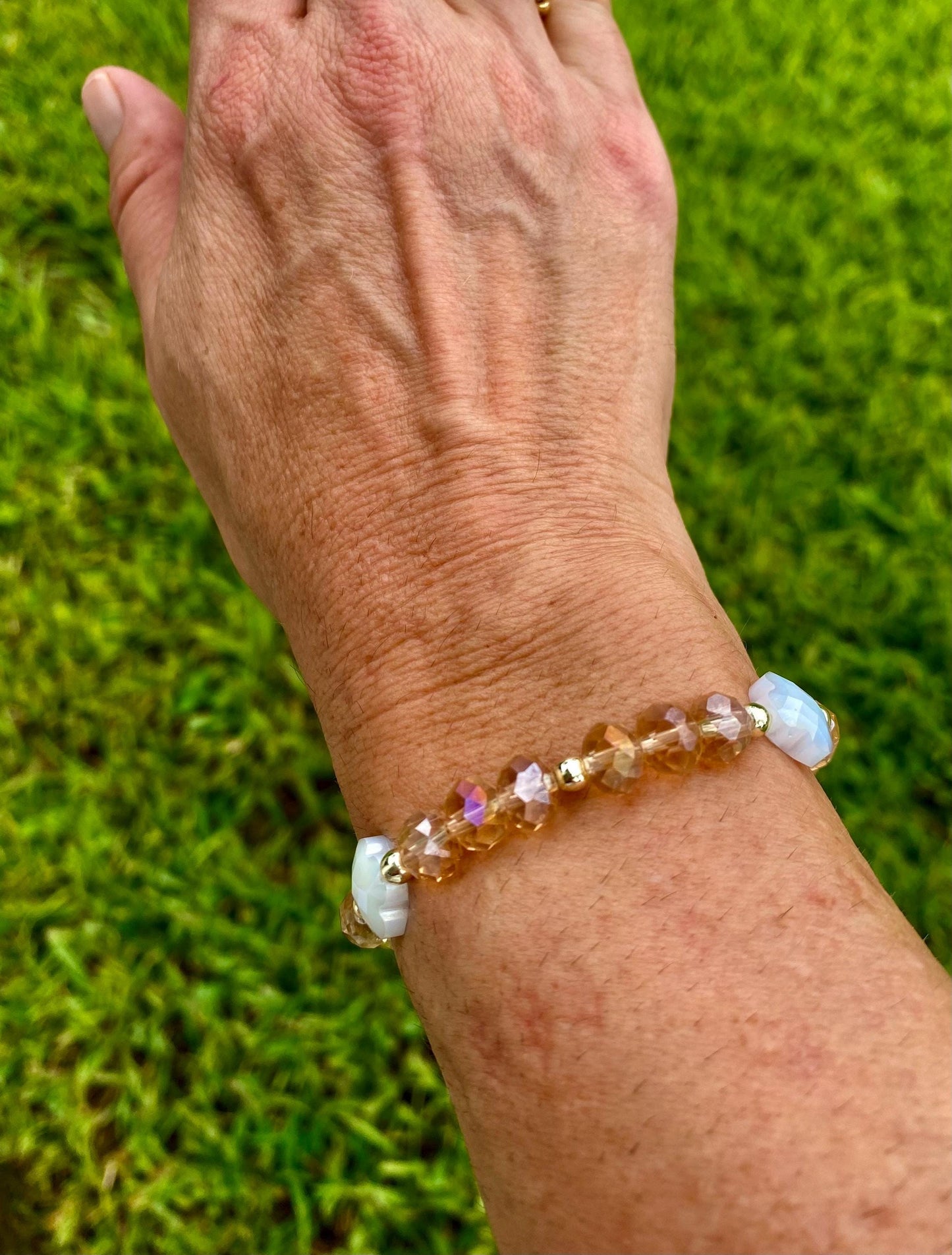 Beige Crystal Briolette Beaded Bracelet: 14K Gold Accents, Clover/Cross Charm