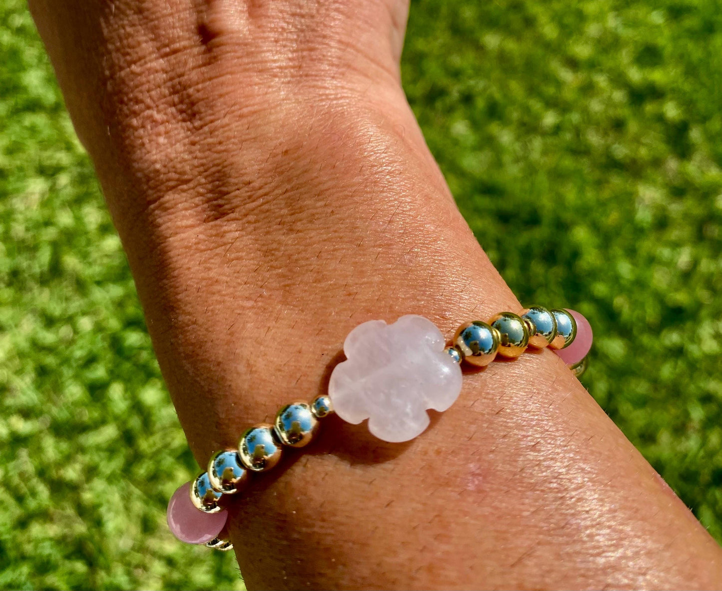 14k Gold Filled Beaded Bracelet: Center Rose Quartz Flower Charm.