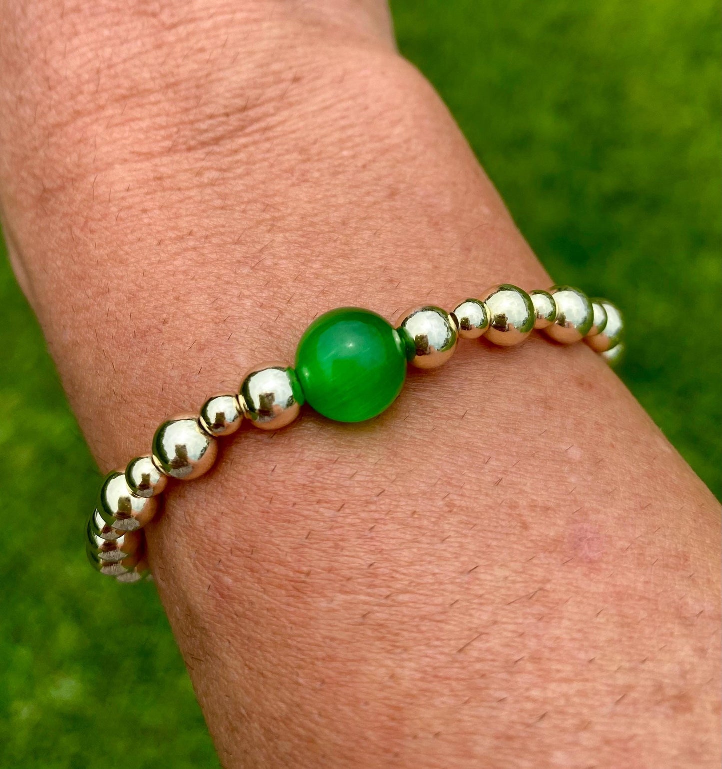 Green Emerald Gemstone Beaded Bracelet: 14K Gold Filled. Set of 2.