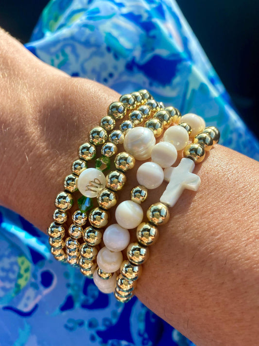 14k Gold Filled Beaded Bracelet: Center Mother of Pearl Cross, Rice Pearl, Clover Charm.