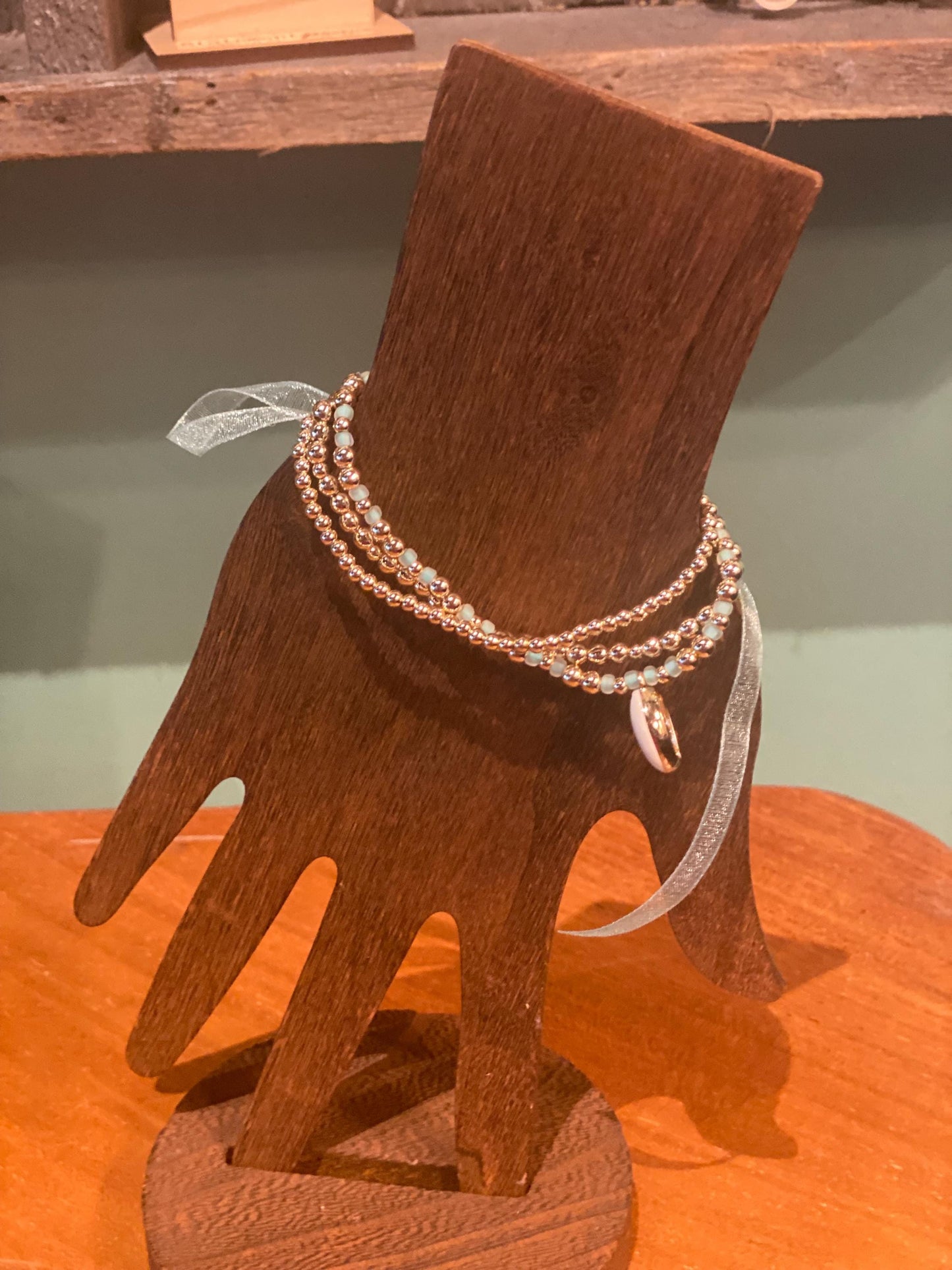 14K Gold Filled Beaded Bracelet Set. Shell Charm and Aqua Blue Glass Seed Beads