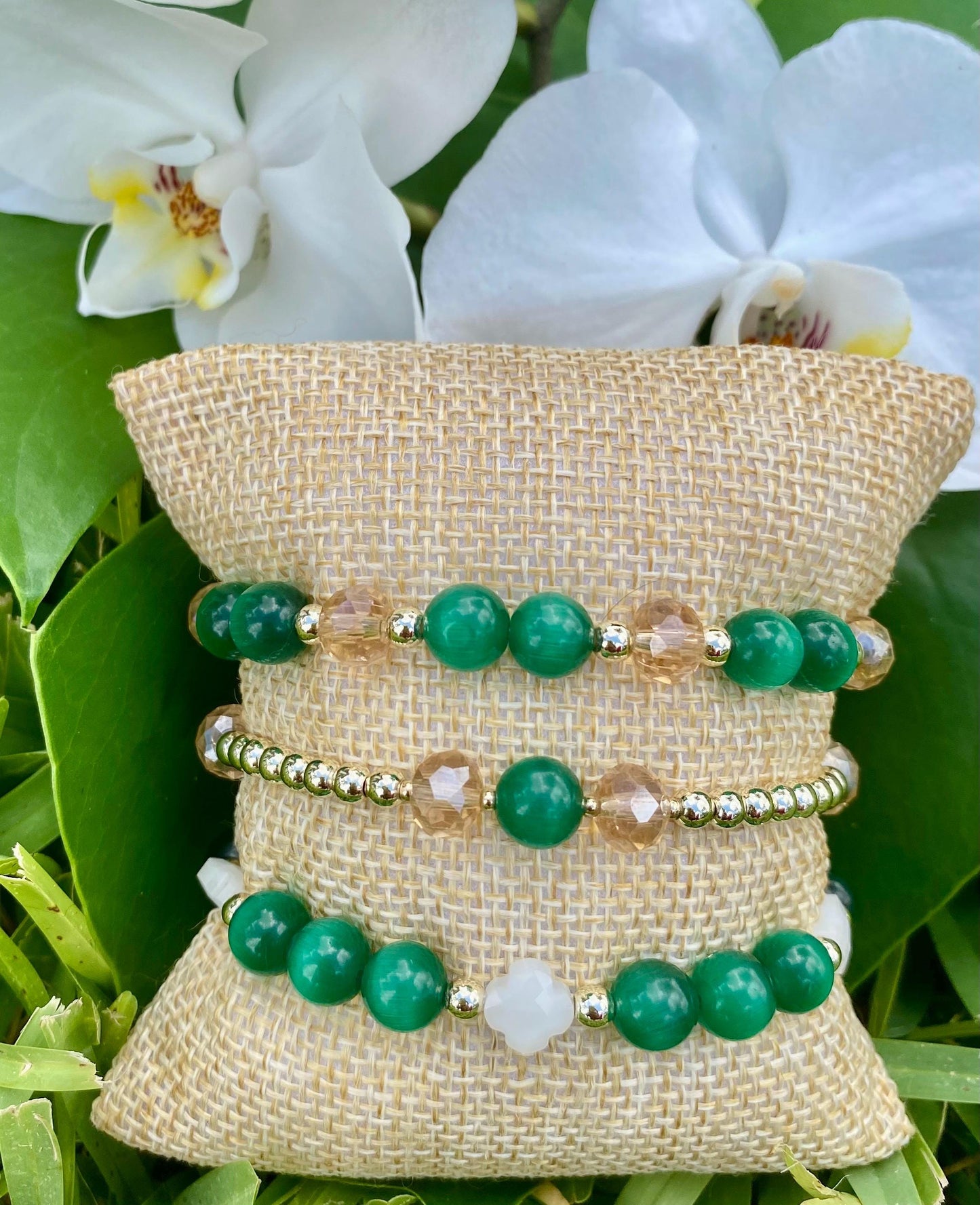 Emerald Green Gemstone Bracelet, 14K Gold, Clover Charms
