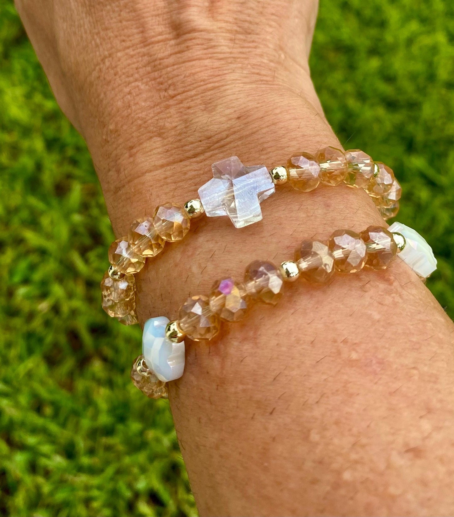 Beige Crystal Briolette Beaded Bracelet: 14K Gold Accents, Clover/Cross Charm