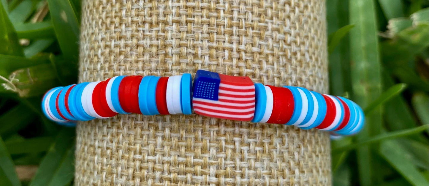 Red White Blue Beaded Bracelet Stack, Ceramic Fish & USA Flag Bracelet