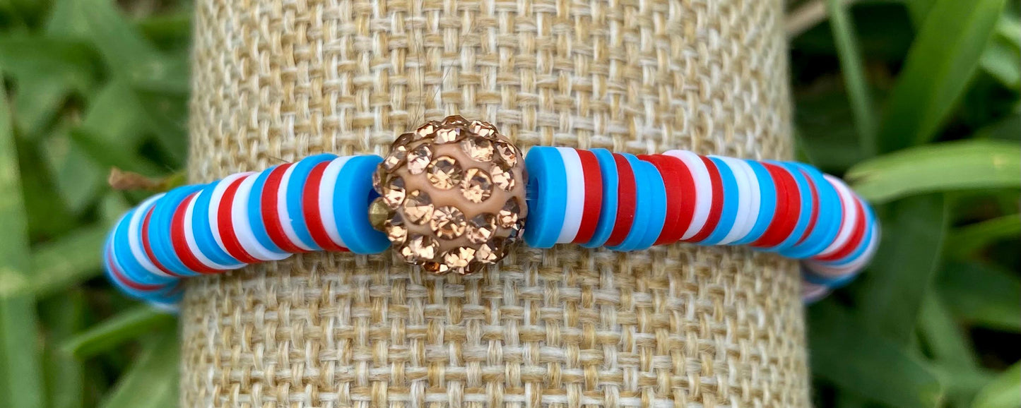 Red White Blue Beaded Bracelet Stack, Ceramic Fish & USA Flag Bracelet