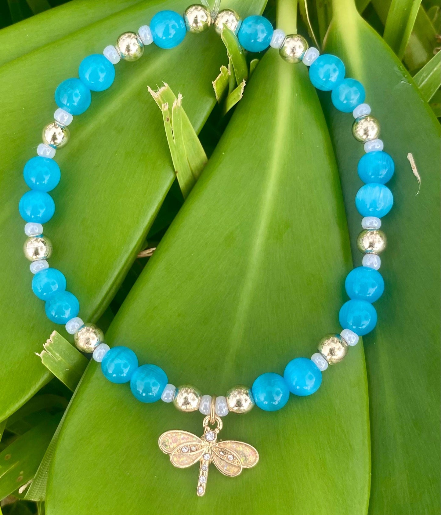 Dragonfly Charm Bracelet: Aquamarine Blue Glass, 14K Gold Filled Beads.