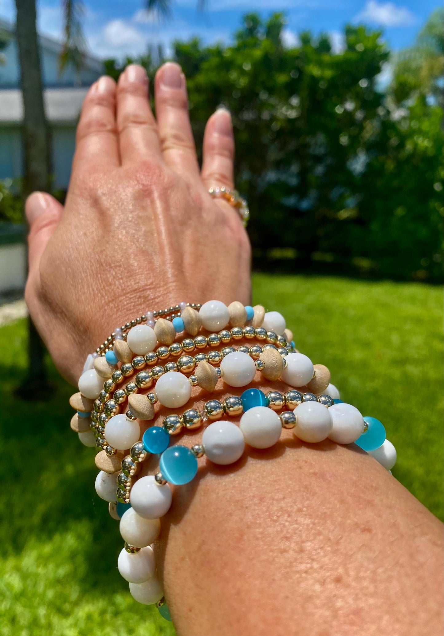 White Shell Beaded Bracelet: Natural Wood & Blue Accent Beads. Tropical Stacking Jewelry.