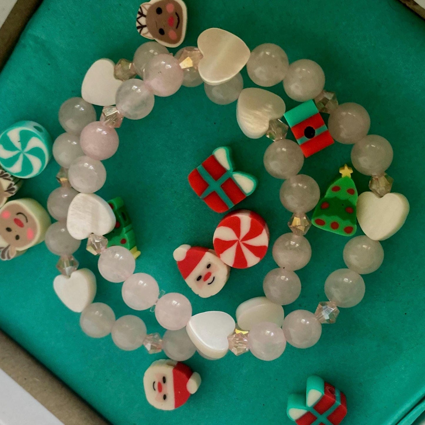 Pink and 14k Gold Beaded Bracelet Set: 6mm Rose Quartz, 6mm Shell Heart Charms.