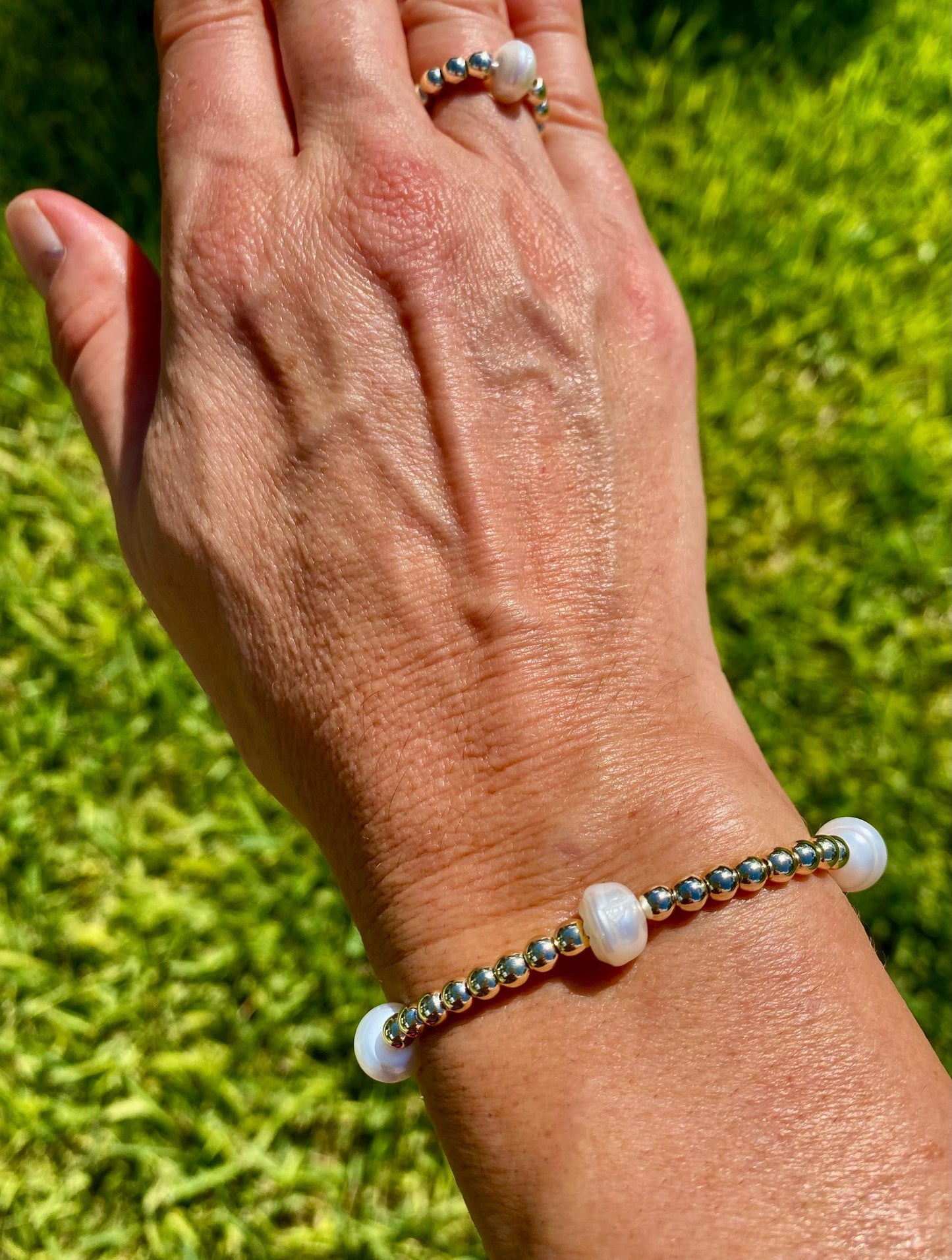 14k Gold Filled Stacking Bracelet: Cultured Pearl. Non Tarnish. E Newton Inspired.