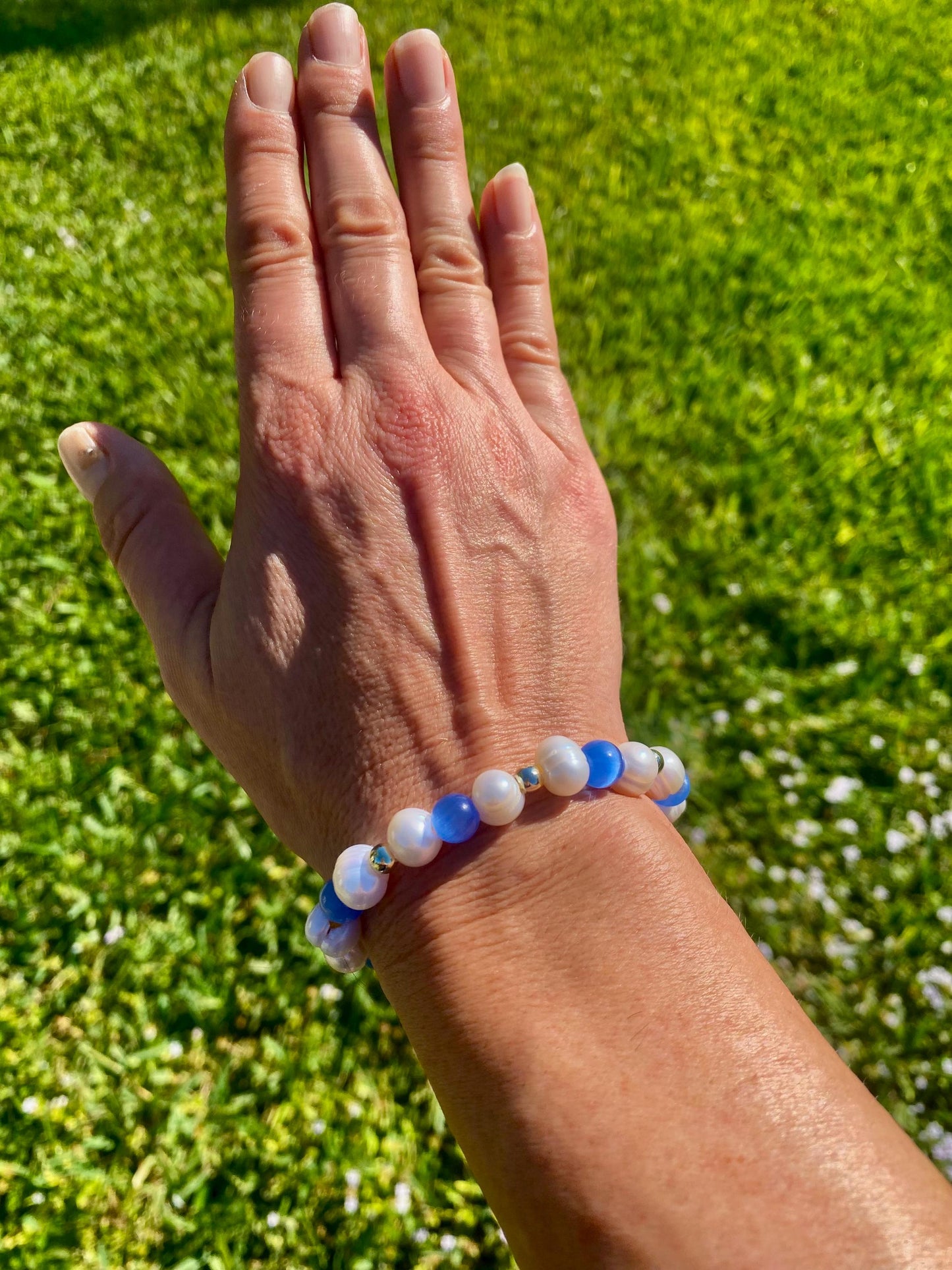Pearl Beaded Bracelet with Ocean Blue Gemstones & 14K Gold Accent Beads.