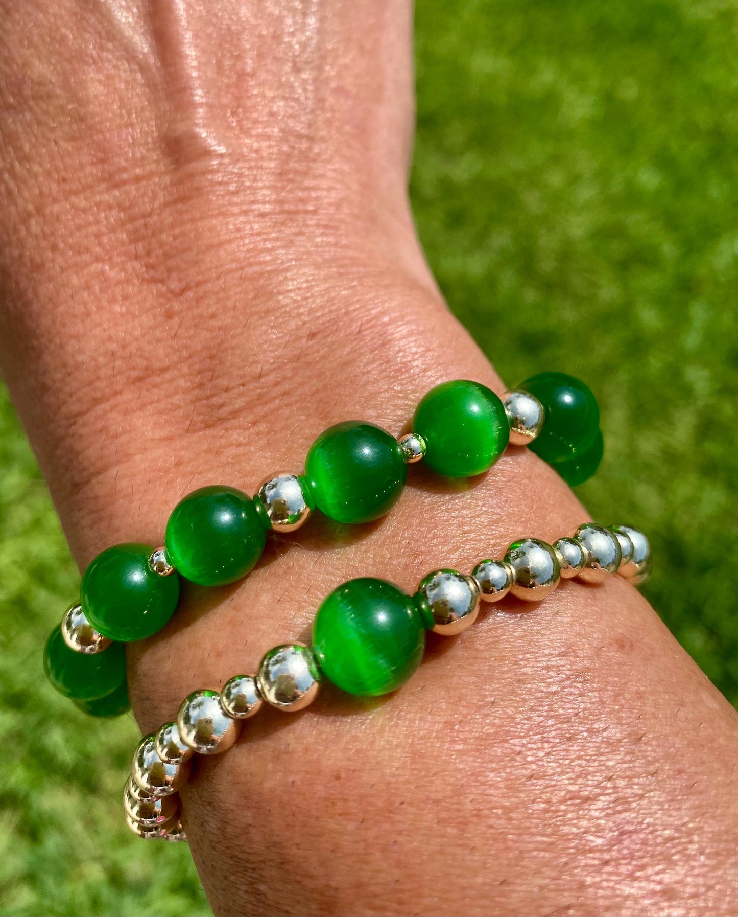 Green Emerald Gemstone Beaded Bracelet: 14K Gold Filled. Set of 2.