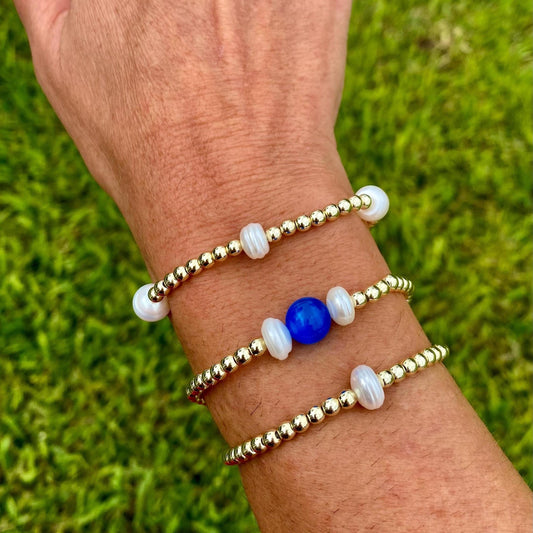 14k Gold Filled Stacking Bracelet: Cultured Pearl. Non Tarnish. E Newton Inspired.