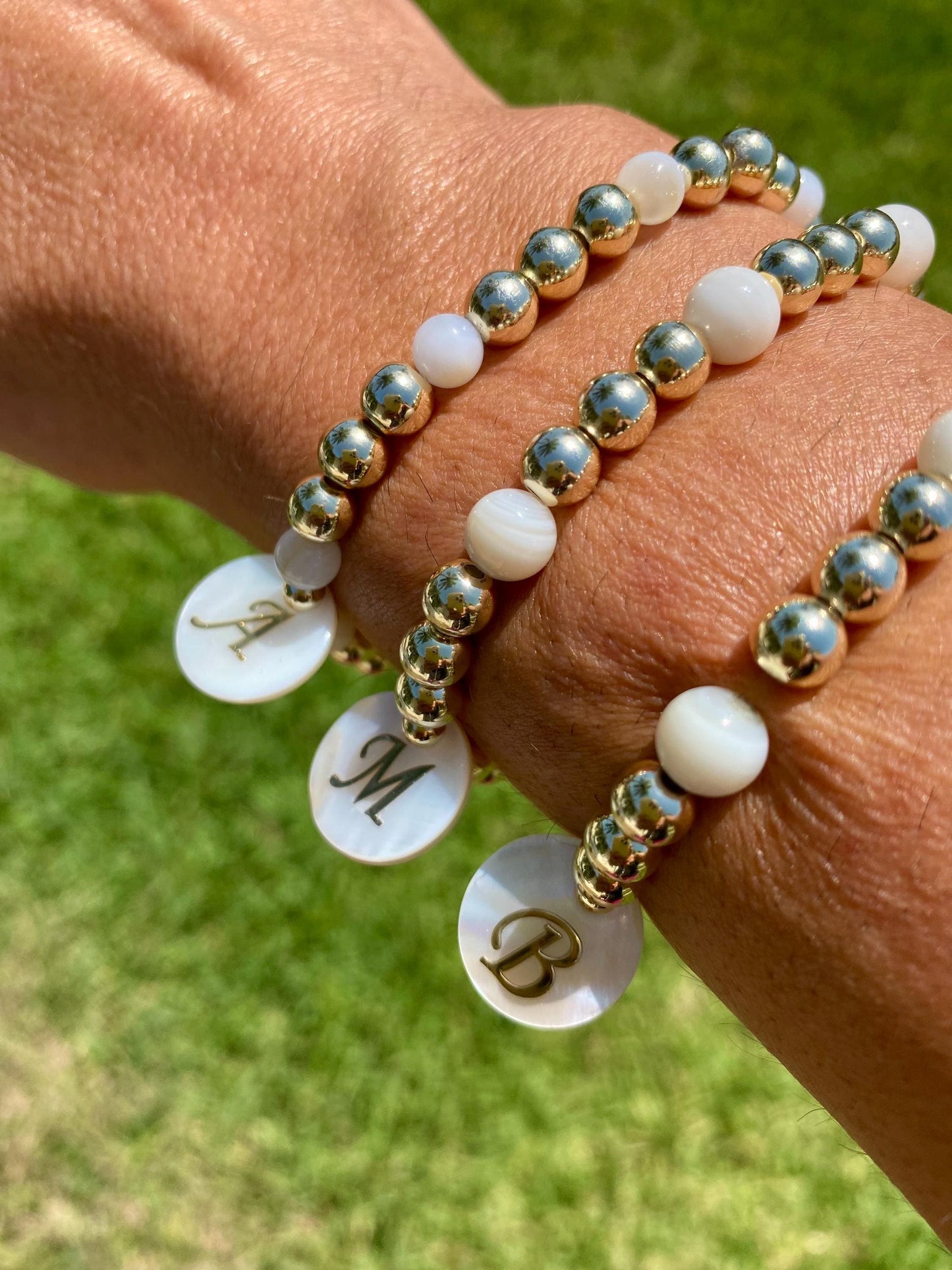 14K Gold Filled Beaded Initial Bracelet: Mother of Pearl Monogram Charm.