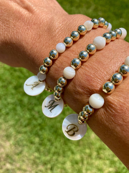14K Gold Filled Beaded Initial Bracelet: Mother of Pearl Monogram Charm.