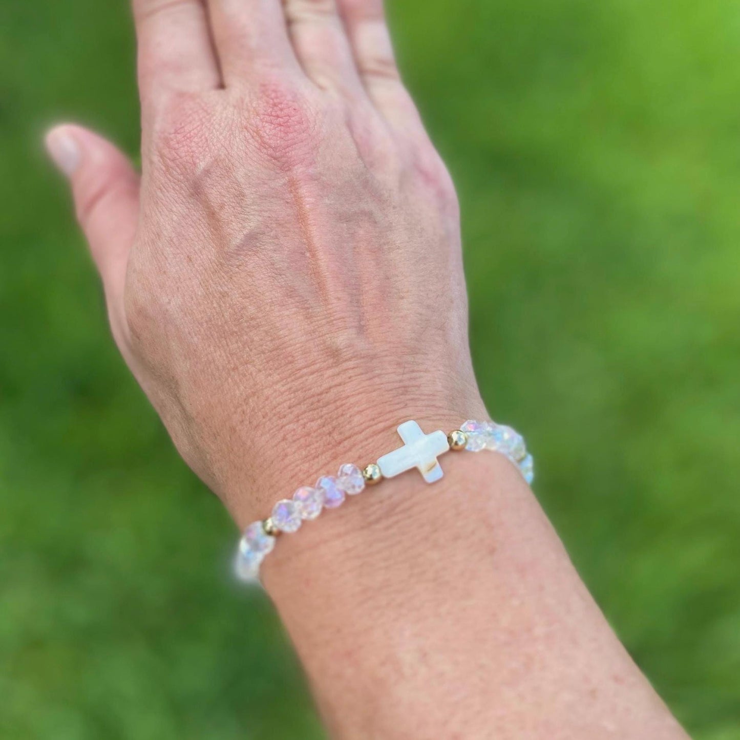 Pearl Cross Crystal Beaded.14k Gold Filled Beads, Colorful Glass & Center Cross Charm.