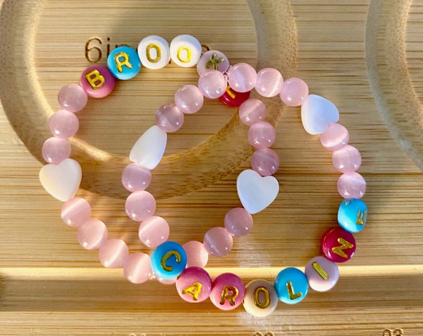 Beaded Friendship Bracelet Set: Custom Names, Pink Glass, Shell Heart Beads.