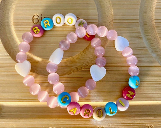 Beaded Friendship Bracelet Set: Custom Names, Pink Glass, Shell Heart Beads.