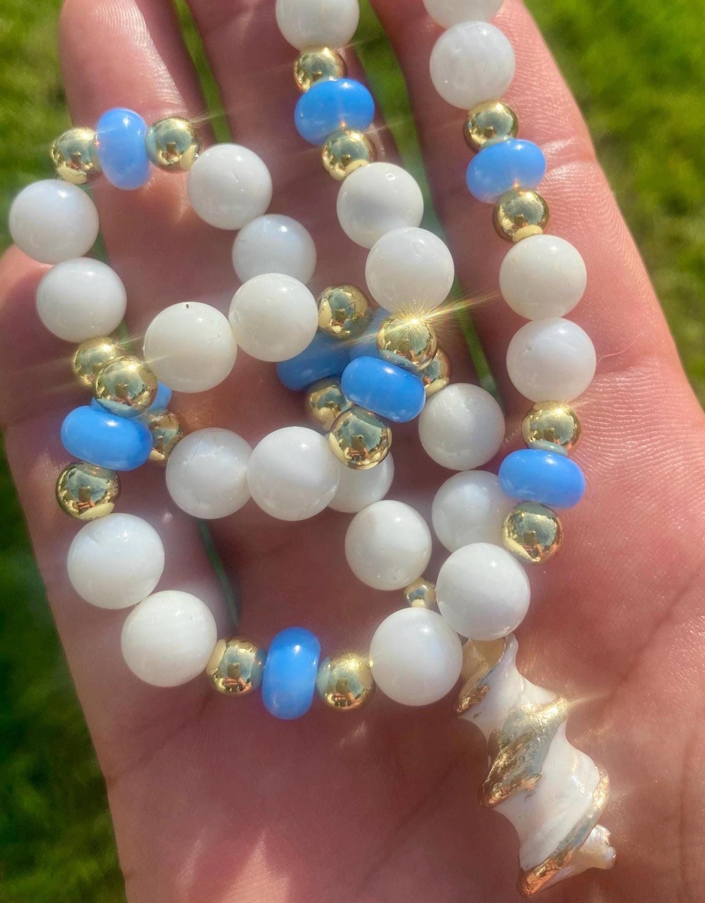 Elegant Sea Shell Pendant Necklace: White Round, Sky Blue Rondelle Beads, 14K Gold Accents.