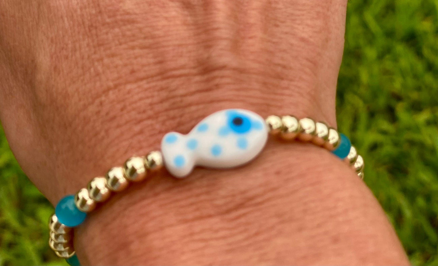 Ceramic Fish Charm Bracelet: 14K Gold Filled Beads, Colorful Beach Jewelry.