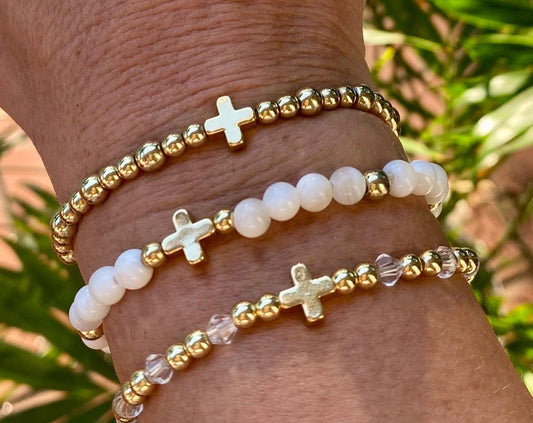 14k Gold Filled Beaded Bracelet Stack. 18K Gold Plated Cross Charm Bracelet.